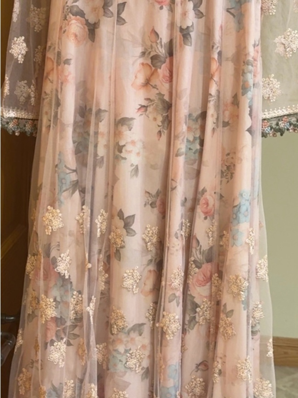 Romantic Blush Pink Floral Maxi Dress with Gold Embroidered Accents